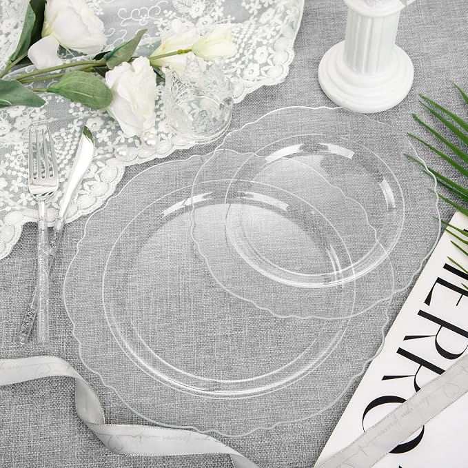 Liacere 150PCS Clear Silver Plastic Plates & Disposable Silver Plastic Silverware with Glitter Bamboo Handle Cutlery-Baroque Clear Disposable Plates for Wedding & Party