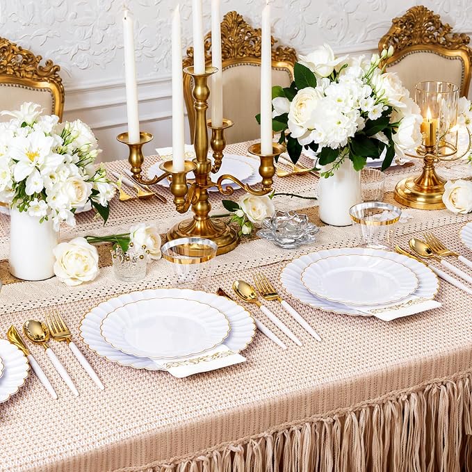 Ciaell 175 PCS White Scalloped Plastic Plates with Gold Trim - Gold Plastic Silverware with Handle - Fancy High-End Dinnerware Sets for Wedding & Party(25 Guests)