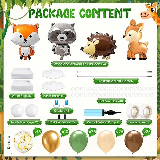 2 Sets Woodland Animals Baby Shower Balloon Column Stand Kit Sage Green and Brown Balloon Arch Garland Kit for Birthday Party Neutral Forest Gender Reveal Cartoon Baby Shower Decoration