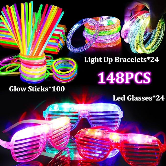 TURNMEON 148 PCS Glow in the Dark Party Supplies Light Up Toys with 24 Led Glasses, 24 Flashing Bracelets and 100 Glow Sticks Bulk Party Favors Birthday Wedding Carnivals Concert Patriotic