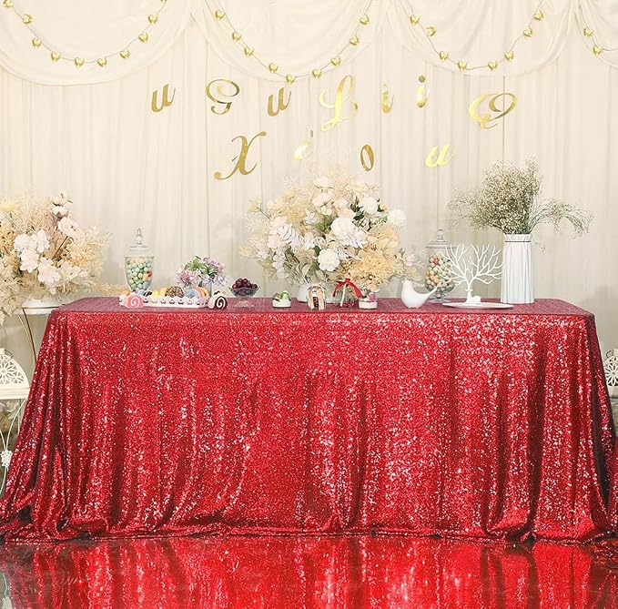 Eternal Beauty Red Tablecloth, 60x102 Inch Sequin Christmas Rectangle Table Cover for Mother's Day Cake Dessert Exhibition Party Birthday Events