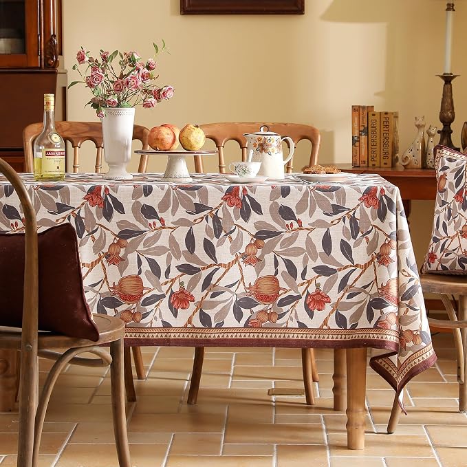 patdrea Vintage French Linen Tablecloth,Rectangular,87"x63" | Elegant Beautiful Table Cloth for Rectangle Table,Natural Floral Block Print,for Dining Room Tea Party Thanksgiving