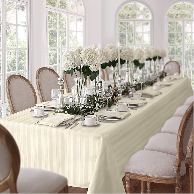 Newbridge 70 Inch Round Ivory Fabric Tablecloth, Denley Satin Stripe, Heavy Weight No Iron Polyester Holiday Dining & Party Table Cover