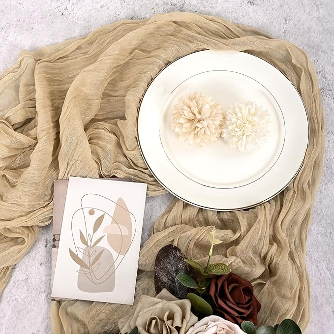12 Pack Beige Cheesecloth Table Runner 120 inch Fall Thanksgiving Boho Rustic Gauze Farmhouse 10FT Cheese Cloth Runner for Baby Shower Wedding Party Holiday Home Decor