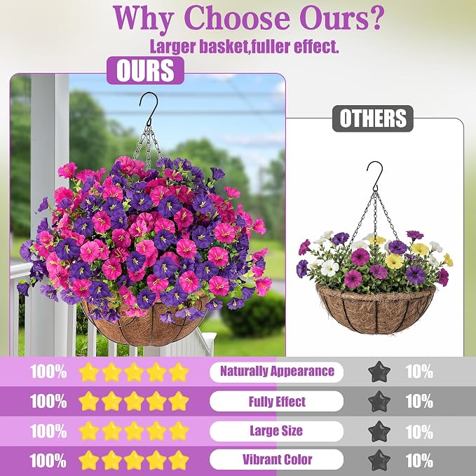 Artificial Flowers for Outdoors with Baskets Hanging Plant Faux Flowers UV Resistant Fake Silk Morning Glory with Eucalyptus for Planter Porch Garden Home Spring Summer Decoration(Fuchsia Purple)