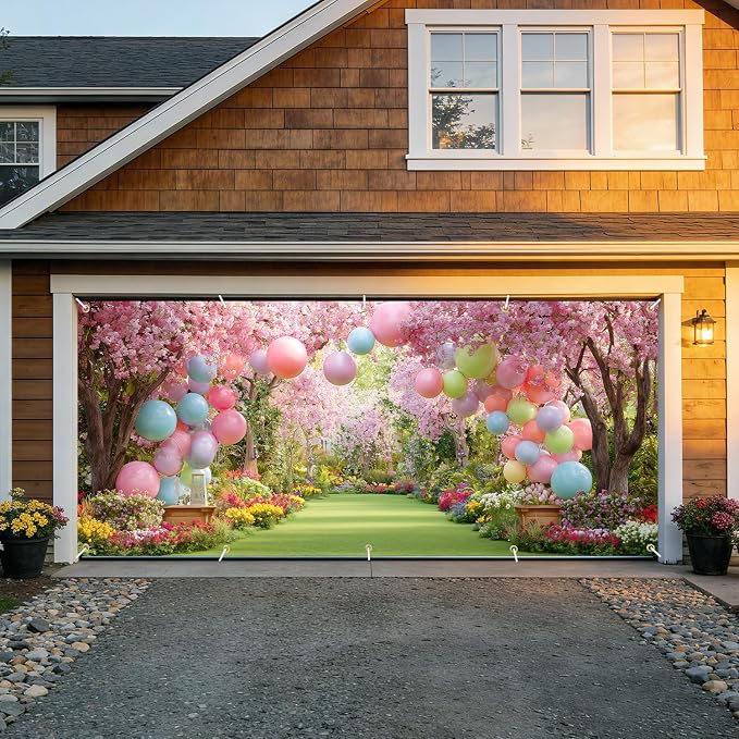 Cherry Blossom Garden Garage Door Banner Cover 7x16FT Waterproof –Pastel Balloon Arch & Floral Path Backdrop,Indoor Outdoor Decor for Spring Easter,Wedding,Baby Shower, Bridal Shower & Photo Booth