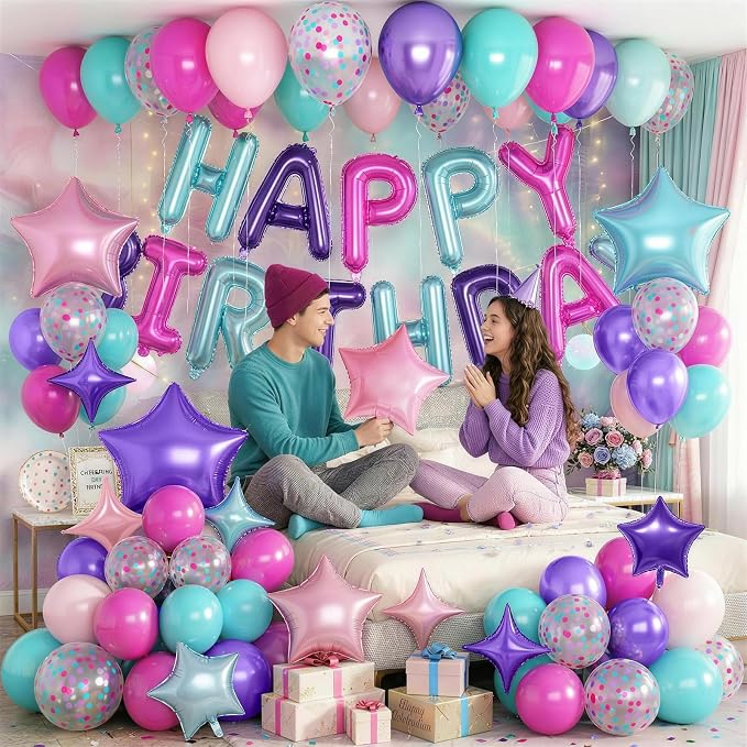 Pink Purple Blue Birthday Decorations Hot Light Pink Metallic Purple Teal Confetti Balloon Happy Birthday Banner Heart Foil Balloons 18/10 Inch Star Balloons for Girls Boys Bday Mermaid Party
