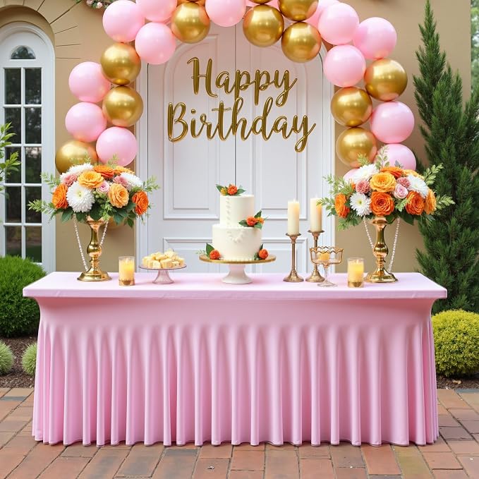 NSSONBEN 4 pk Baby Pink Spandex Tablecloth 6ft with Ruffle Table Skirt, Wrinkle Free Stretchy Fitted Tablecloths for 6 Foot Rectangle Tables, Elastic Spandex Table Covers for Weddings Parties Banquet