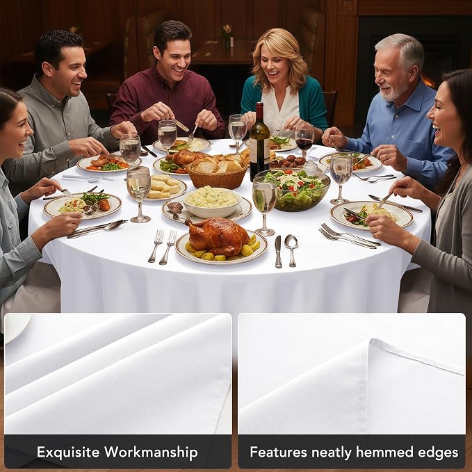 6-Pack White Round Tablecloths, 120 Inches, Stain-Resistant Polyester for 5-6 Ft Round Tables - Washable Table Covers for Weddings, Banquets, Birthday, Parties, Events