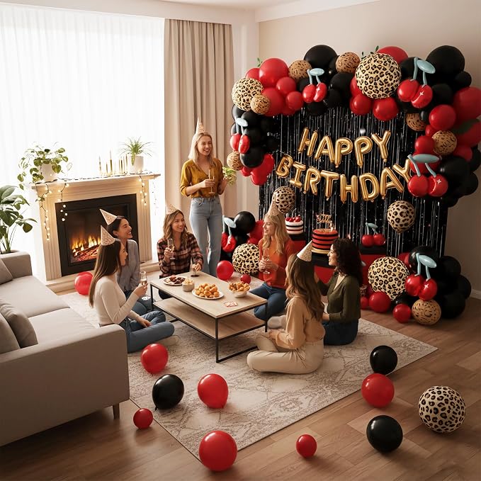 Cheetah Leopard Print Birthday Decorations Kit, Red Black Gold Cheetah and Cherry Balloon Arch Kit with Red Black Ribbon Background Decor for Party Decorations Women Graduation Birthday