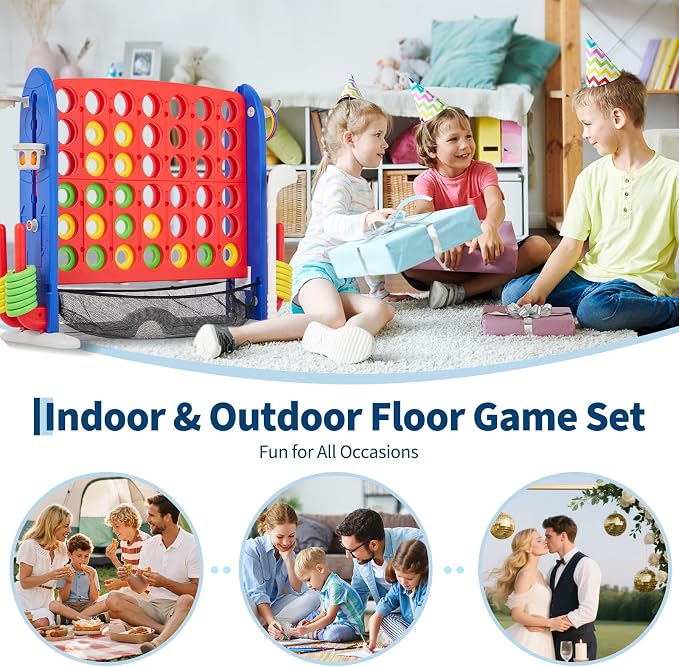 Giant 4-in-a-Row Game Set, Whale Design 4-in-1 with Basketball Hoop, Golf, Ring Toss, 42 Jumbo Rings, Adjustable Height, Quick-Release Catch Net - Outdoor Play for Kids & Adults