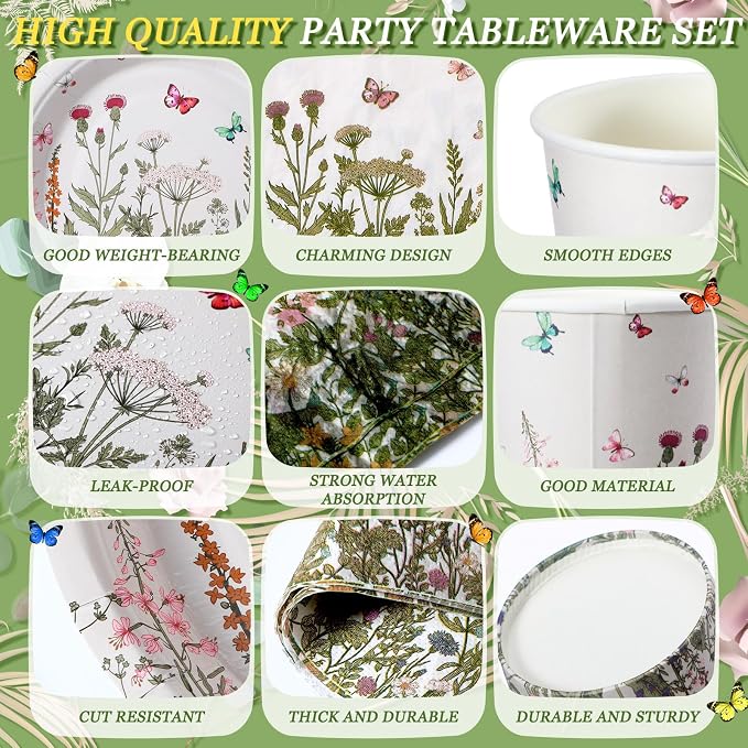 Hushee 324 Wildflower Party Supplies Paper Plates and Napkins Disposable Spring Floral Baby Shower Birthday Tableware for Spring Summer Picnic Birthday Wedding Tea Party Serves 36