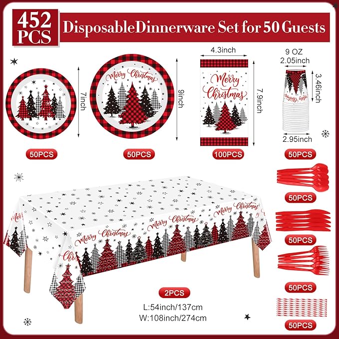 Funnymoom 452 Pcs Christmas Tree Party Supplies for 50, Red Buffalo Plaid Gingham Christmas Paper Plates Napkins Cups Tablecloth Cutlery Straws Tableware Set for Xmas Holiday Party Decorations