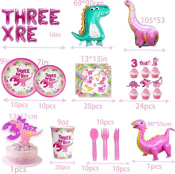 Pink Three Dino Rex Birthday Party Decorations Dinosaur 3rd Birthday Décorations Three inspired Rex Birthday Party Supplies include balloon backdrop knive fork spoon plate napkin cup tablecloth