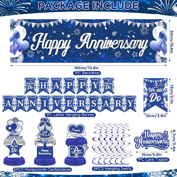 Blue Silver Wedding Anniversary Decorations Set Blue Happy Anniversary Banner Hanging Letter Banner Table Honeycomb Centerpieces Hanging Swirls Cake Topper for Men Women Wedding Anniversary Party