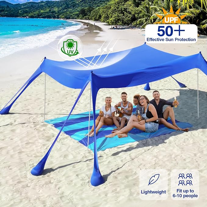 Rhino Valley Beach Tent, 10 x 13 FT Beach Shade UPF50+ Protection, Beach Canopy with 8 Sandbags 4 Stability Poles,Outdoor Beach Tent Sun Shelter Umbrella for Sand,Camping,Fishing Essentials, Indigo