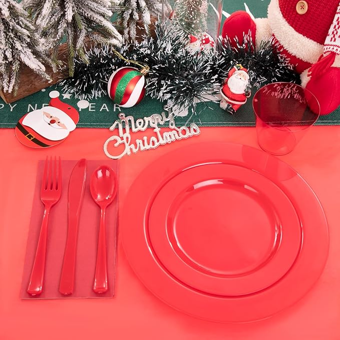 Gather 176 Pieces Red Plastic Plates- Red Heavy Duty Disposable Plates Dinnerware 50Plates, 75 Plastic Silverware, 25 Napkins, 25 Cups Bonus 1 Red Plastic Tablecloth for Party& Wedding &Mother's Day