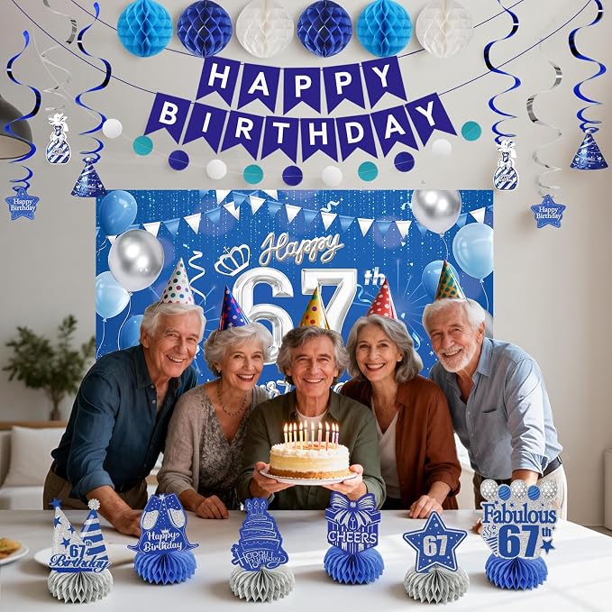 Happy Birthday Party Decoration Set: Including Birthday Banner Backdrop, Party Table Centerpieces and Hanging Swirl Party Streamers, Birthday Decor Suppliers for Men and Women (Blue, 67th Birthday)