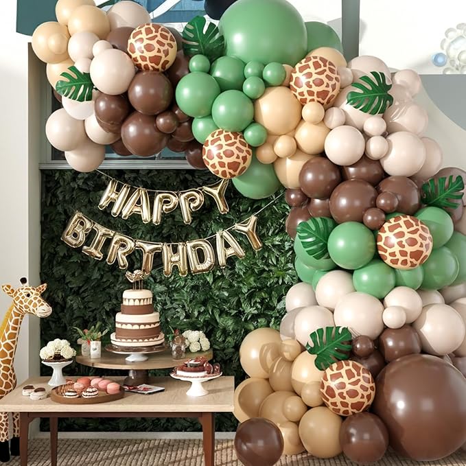 Sage Green Brown Balloon Arch Kit, Safari Balloons Arch with Olive Green Gold Animal Print Balloons Dark Brown Coffee Nude Balloon for Jungle Safari Wild Birthday Baby Shower Party Decoration