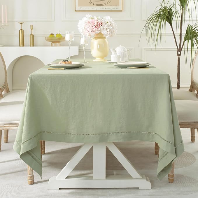 Linen World Hemstitch Linen Tablecloth,French Linen Sage Tablecloth 90" x 60" Inch,Washable Rectangular Table Cloth for Dining,Outdoor,Weddings and Restaurants,Decorative Thanksgiving Christmas