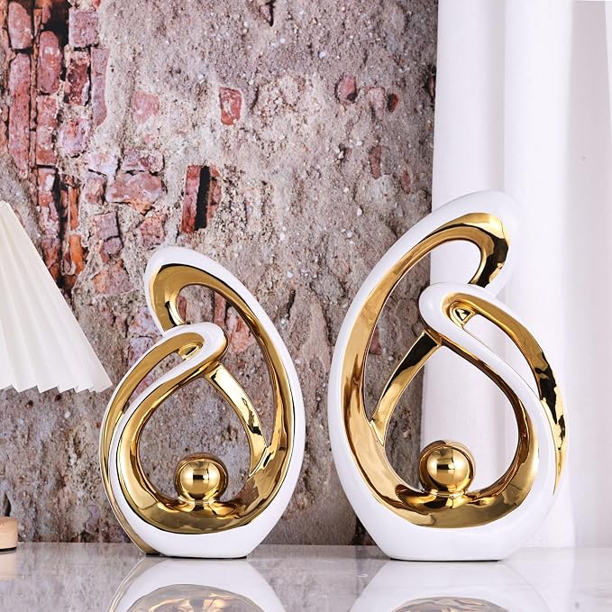 Home Decor Accent,Porcelain Art Mid Century Bookshelf Decorations,Gold Centerpieces for Tables,Abstract Ceramic Statue Sculpture for Coffee Table Mantel Tv Stand Centerpieces (White Gold, Large)