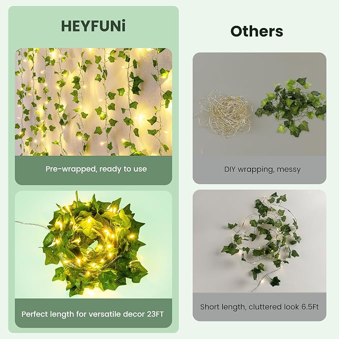 HEYFUNi Vines with Lights 23FT, Fake Ivy String Lights Plug in | 73 Warm White LEDs, Artificial Ivy Leaf Lights For Bedroom, Wall, Balcony, Wedding, Party, Dorm, Aesthetic Decor