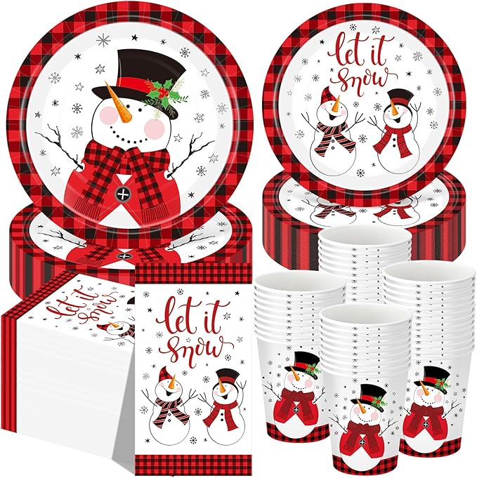 Funnymoom 250 Pcs Winter Snowman Paper Plates and Napkins Party Supplies Red Black Buffalo Plaid Winter Disposable Tableware Set for Christmas Holiday Party Decoration