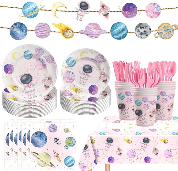 142PCS Space Theme Party Supplies For Girl, Birthday Paper Plates First Trip Around The Sun Astronaut Planet Cake Plate Tableware Dinner Set for Boys Girls Birthday Shower Forks