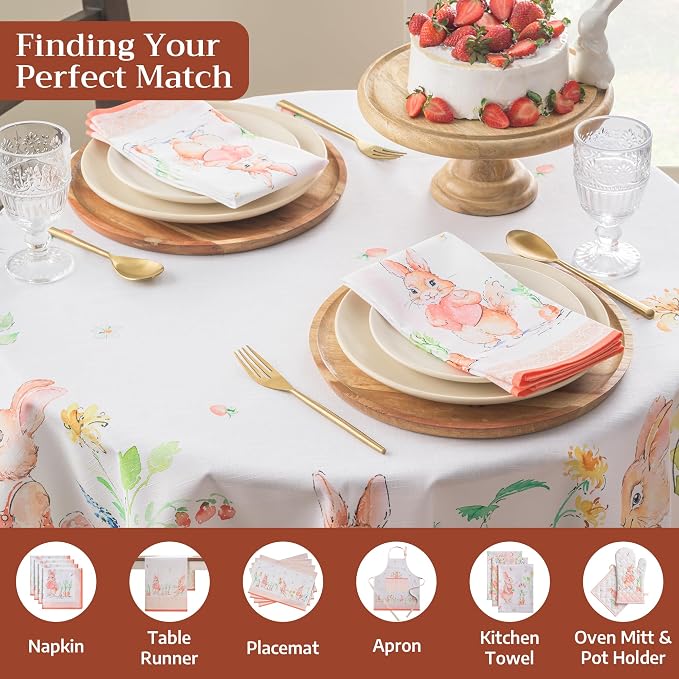 Maison d' Hermine Table Cloth Round Table 100% Cotton 69 Round Inches Tablecloth Reusable Decorative for Dining Kitchen Room Farmhouse Party Home Hotel Restaurant Spring Summer - Bunny Party