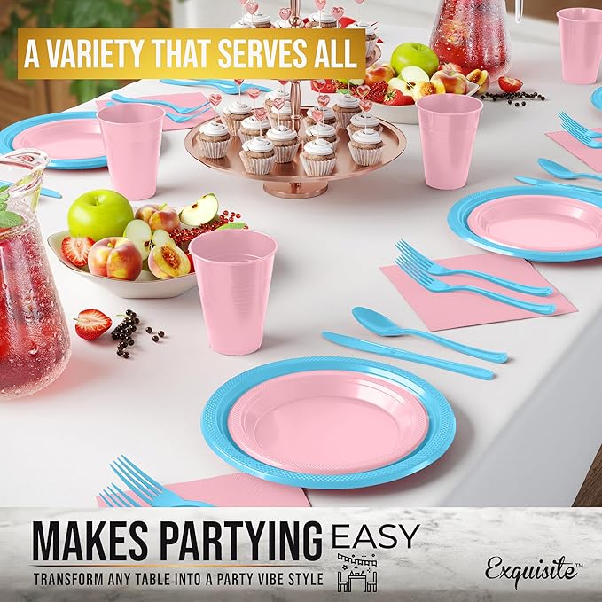 350 Pcs Gender Reveal Plastic Plates For Party, Gender Reveal Disposable Plates Set, 50 Of Each 9" Dinner Plate Set, 7" Dessert Plate, Cups, Napkins & Cutlery Plastic Dinnerware Exquisite
