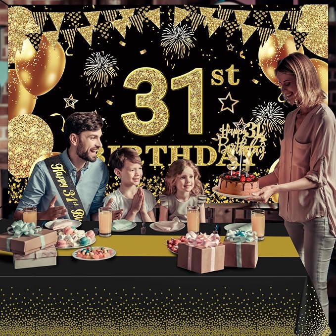 31st Birthday Decorations Men Women with 31st Birthday Banner, Black and Gold Table Cloth, Number Balloons, Large Sash, Cake Topper and Candles