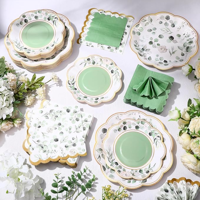 Funnymoom 200 Pcs Eucalyptus Party Supplies Kit Sage Green Disposable Paper Dinner Dessert Plates Luncheon Napkins and Beverage Napkins for Birthday Baby Shower Bridal Shower Wedding Party 50 Guests