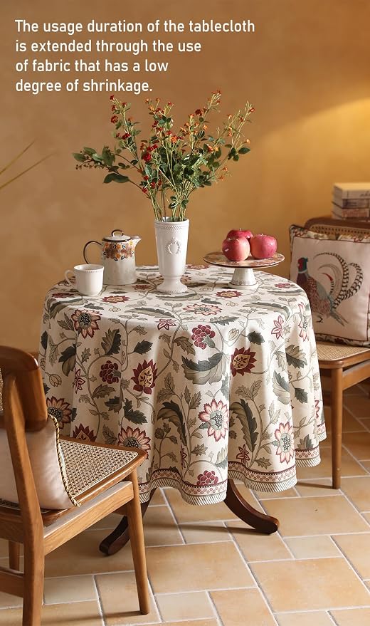 ISAENNE Designer Vintage Linen Round Tablecloth,Diameter 55"-Ratina | French Elegant Beautiful Durable Printed Table Cloth,Floral Pattern,Decoration,Heavyweight,Dining,Kitchen,Thanksgiving