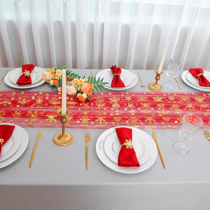 Snowkingdom Red Table Runner, 120 Inches Long Sheer Tulle with Gold Snowflake for Winter Holiday Wedding Home Party Table Decor