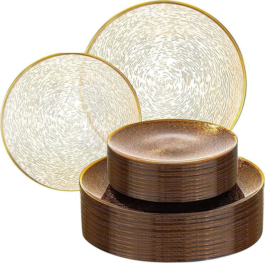 Liacere 60Pcs Brown Plastic Plates - Brown Disposable Plates With Gold Rim, Heavy-duty Amber Plates,Water ripples Party Plates Include 30 Dessert-Platos,30 Dinner-Platos for Party & Wedding