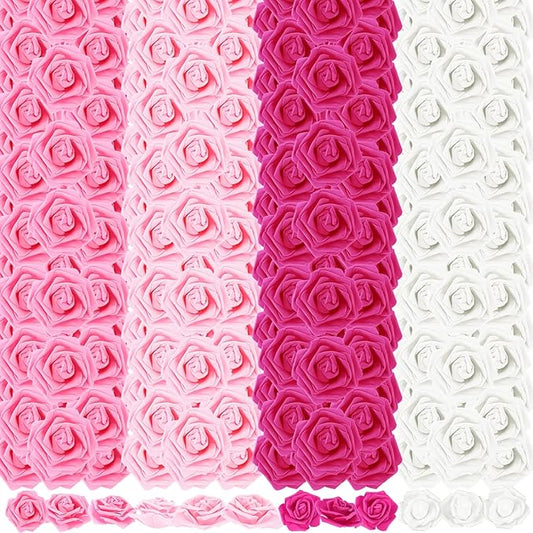 Sinmoe 600 Pieces Artificial Rose Flower Heads Decorations 3 Inch Stemless Flowers for Weddings Bouquets DIY Crafts 4 Colors Pink White Foam Fake Roses for Baby Shower Arrangements Party Home