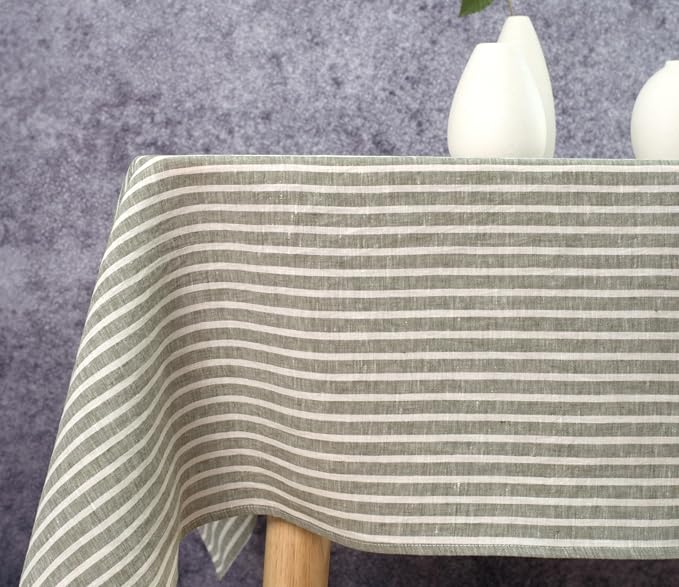Linen Tablecloth- 60x108 Inch Stripe Pure Linen Green and White Table Cloth for Rectangle Tables, for Winter, Fall, Thanksgiving, Christmas, Easter, Machine Washable