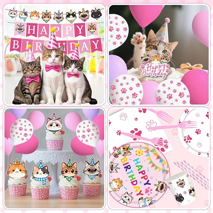 197pcs Cat Birthday Decorations Kit, Cute Cat Themed birthday party decorations with Tableware, Cake Decorations & Hanging Accessories, Serves 24 Guests