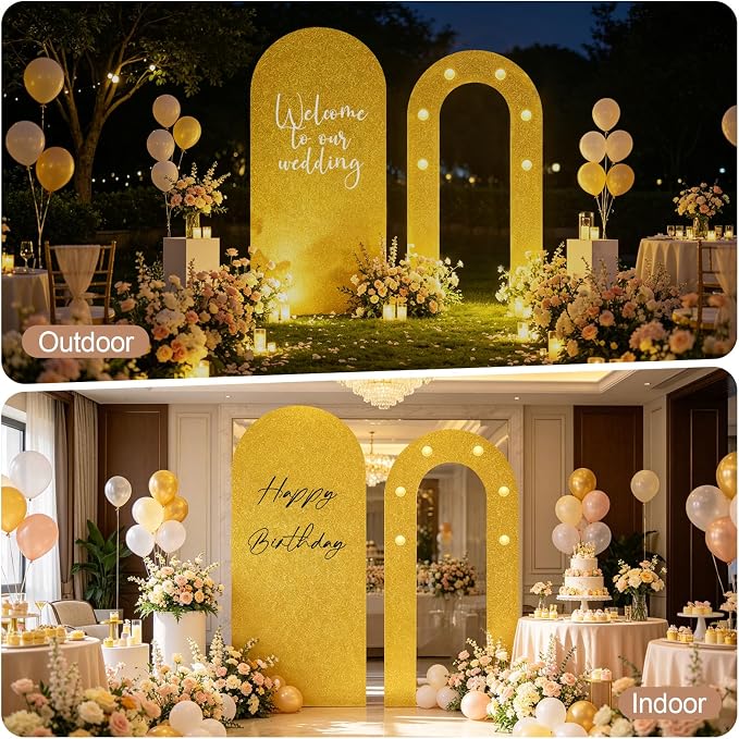 6FT Arch Backdrop with Stand Set, Lighted Arch Set, No-Tip Stability Glow Foam Board Photo Booth Background for Wedding Birthday Party Ceremony Baby Shower Banquet Decoration Reusable - Gold