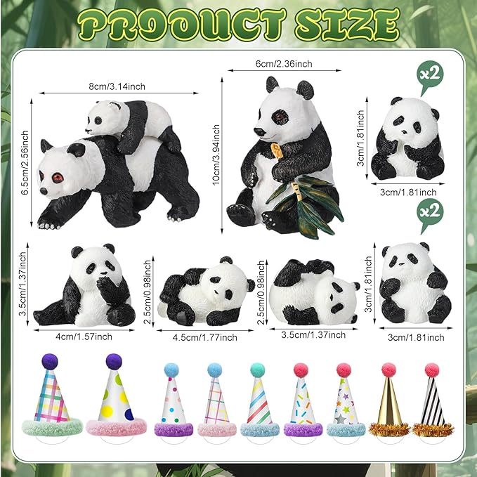 Colingmill 18 Pcs Panda Cake Toppers Birthday Party Decorations Mini Birthday Hat Animal Figure Model Cake Toppers with Mini Hat for Animals Themed Party