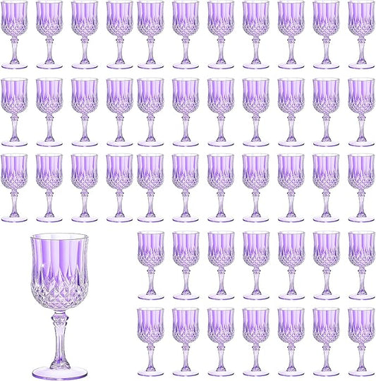 7OZ Plastic Wine Glasses, Reusable Vintage Goblets Unbreakable Drinking Glasses Crystal Water Cups Champagne for Wedding, Parties (48, Light Purple)