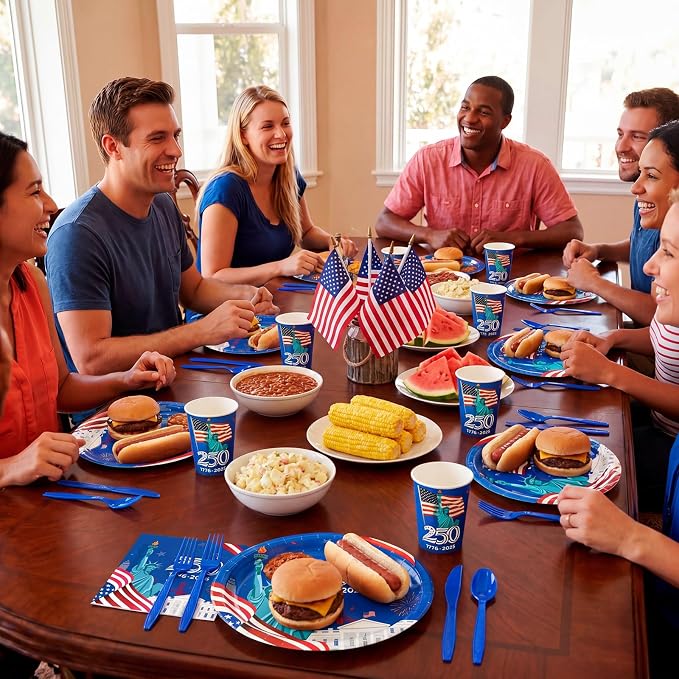 Pajean 350 Pcs 4th of July Party Decorations 12 inch Disposable Patriotic Oval Plates and Napkins Heavy Duty American Flag Paper Tableware Set for 50 Guests 250th Independence Party Supplies