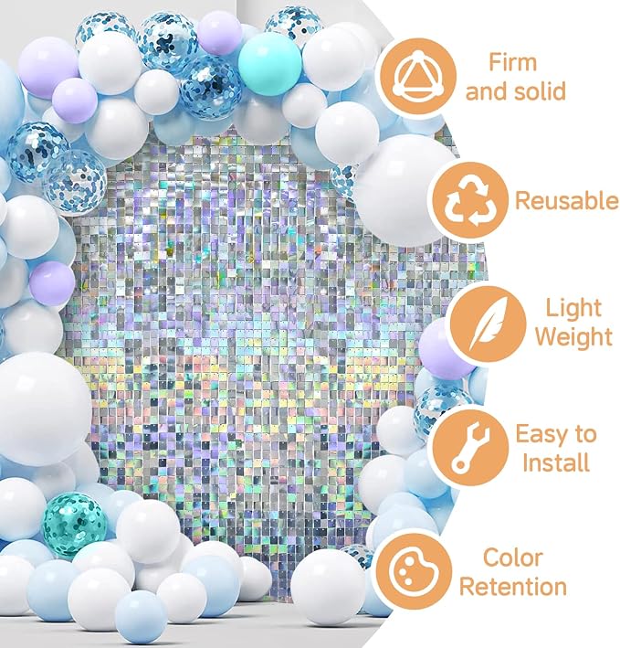 Iridescent Silver Shimmer Wall Backdrop,Shiny Sequins,36Pcs Sequins Backdrop Panels,Glitter Bling Photo Background for Birthday Party Wedding Engagement Anniversary Graduation (Each 1FT², Total 36FT²)