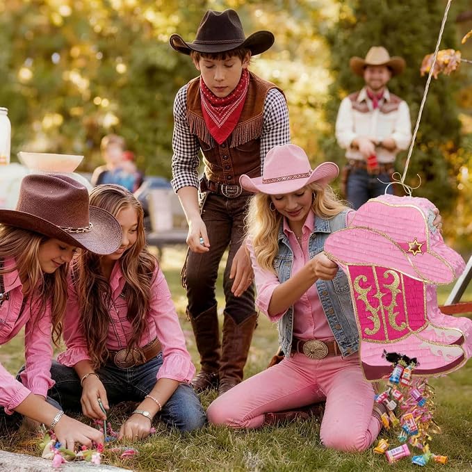 WERNNSAI Cowgirl Boot Piñata - Western Hat Piñata with Blindfold and Bat Cowgirl Party Decorations Girls Birthday Party Favors for Adults Kids Horse Racing Party Supplies