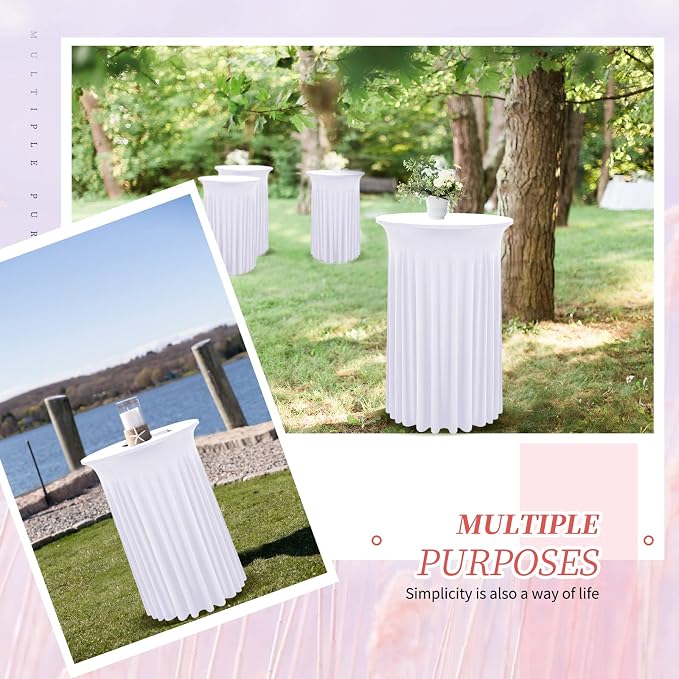 6 Packs Round Cocktail Table Skirt 24"x 43" Spandex Stretch Cocktail Tablecloth with Wavy Drapes, White Spandex Fitted High Top Table Covers for Wedding Bar Party Birthday Banquet Tables