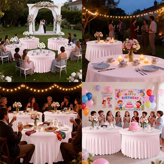 10 Pack Pink Round Spandex Tablecloths for 60in Tables, 120 Inch Stretch Fitted Table Skirts, Wrinkle-Free Washable Polyester Covers for Wedding, Banquet & Party
