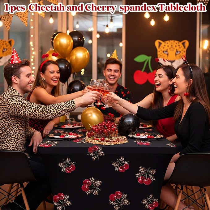 Frienda 1 Pcs Cheetah and Cherry Tablecloth Birthday Party Decorations Spandex Stretch 71 x 30'' Red and Black Cherry Table Cloth Rectangle Table Cover for Birthday Baby Shower Wedding Party Favors