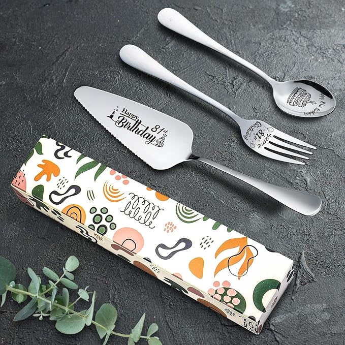 Happy 81st Birthday Personalized Laser-Engraved Stainless Steel Birthday Party Utensil Set - Cake Server, Spoon, and Fork for Mother Father Husband Wife Grandmother Grandfather