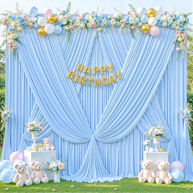 4 Panels Baby Blue Backdrop Curtain for Baby Shower Parties Wrinkle Free Light Blue Curtains Backdrop Drapes Fabric Decoration for Birthday Party Photography 20ft(W) x 10ft(H)