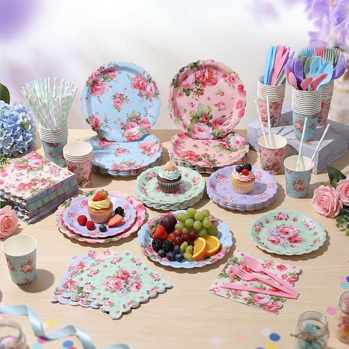 450 Pcs Vintage Floral Tableware Set Tea Party Decorations Floral Paper Plates Disposable Napkins Cups Cutlery Straws for Tea Party Mother's Day Bridal Shower Wedding Supplies, Serves 50